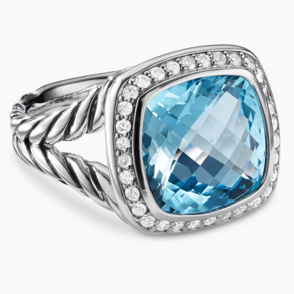 David Yurman Albion Ring - Sterling Silver with Blue Topaz and Diamonds, 11mm - Picture 1 of 8